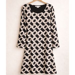 DVF Diane Von Furstenberg Reina Silk Shift Dress 8 Black Geometric Archival